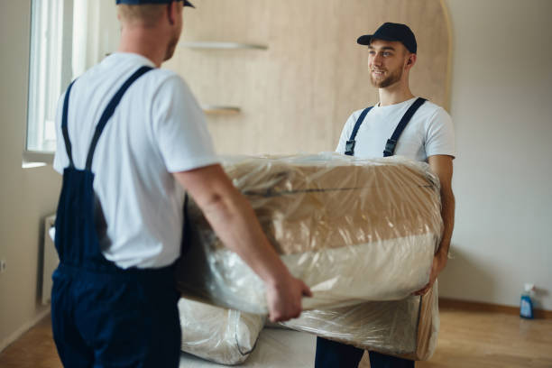 Happy male movers cooperating while carrying furniture in the apartment.